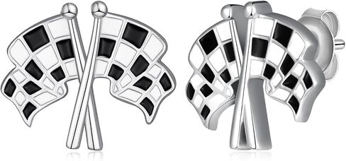 Racing Flag Earrings for Women, 925 Sterling Silver Checkerboard Stud Earrings, Black and White Checkered Jewelry Gifts for Race Fans in Kuwait