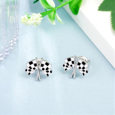 Racing Flag Earrings for Women, 925 Sterling Silver Checkerboard Stud Earrings, Black and White Checkered Jewelry Gifts for Race Fans in Kuwait