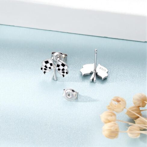 Racing Flag Earrings for Women, 925 Sterling Silver Checkerboard Stud Earrings, Black and White Checkered Jewelry Gifts for Race Fans in Kuwait