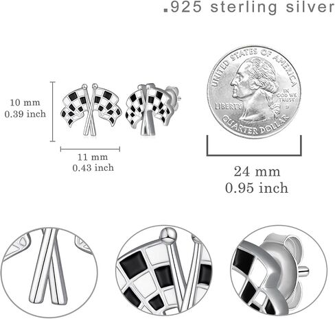 Racing Flag Earrings for Women, 925 Sterling Silver Checkerboard Stud Earrings, Black and White Checkered Jewelry Gifts for Race Fans in Kuwait