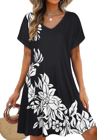 elescat Sundresses for Women 2026 Summer Casual Loose V Neck Short Sleeve Tshirt Dress with Pockets in Saudi Arabia