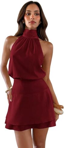 Women's Halter Mini A Line Sleeveless Mock Neck Dresses Tie Wedding Guest Short Summer Dress Date Night in Kuwait