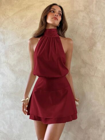 Women's Halter Mini A Line Sleeveless Mock Neck Dresses Tie Wedding Guest Short Summer Dress Date Night in Kuwait