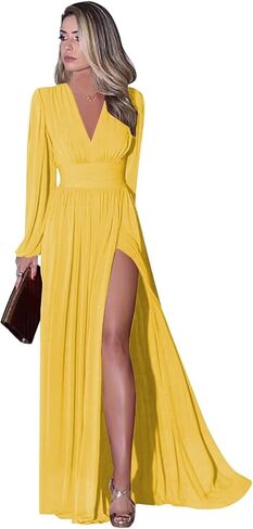 petyoo Long Sleeve Chiffon Bridesmaid Dresses with Slit V-Neck Wedding Guest Dress Formal Evening Gown in Saudi Arabia