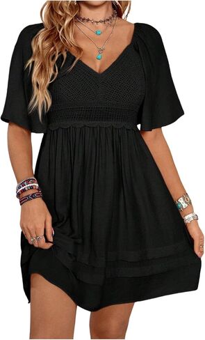 BEAUDRM Women's Hollow Out Short Dress Summer Ruffle V Neck Short Sleeve A Line Flowy Western Cowgirl Dresses in Saudi Arabia