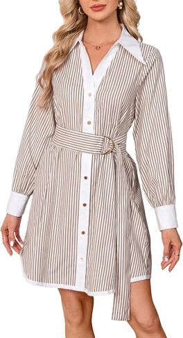 YEXPINE Womens Striped Shirt Dress Long Sleeve Button Down V Neck Mini Tunic Dress Belted Workwear Dresses with Pockets in Kuwait