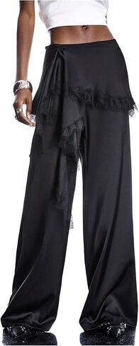 GORGLITTER Women's Satin Pants Low Rise Skirt Lace Trim Asymmetrical Hem Wide Leg Baggy Work Dress Pants Trousers in Kuwait