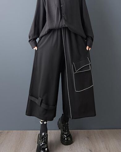 ellazhu Women's Pants Loose Wide Leg Patchwork Design Skirt Pants GZ783 A in Kuwait