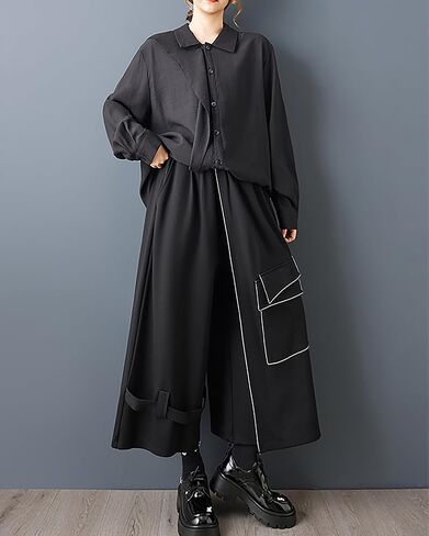 ellazhu Women's Pants Loose Wide Leg Patchwork Design Skirt Pants GZ783 A in Kuwait
