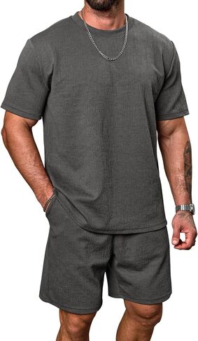 Mens 2 Piece Sets Loose Fit Textured Heavyweight Tshirt & Drawstring 7'' Shorts Casual Summer Outfits (S-XXL) in Saudi Arabia