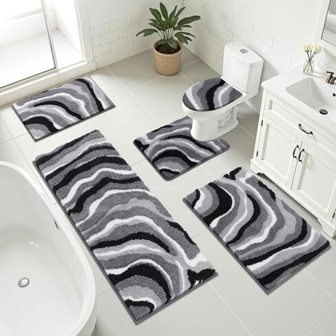 Bathroom Rug Set 5 Piece, Soft Non Slip Microfiber Bath Mat, Machine Wash Bathroom Mat Set, Water Absorbent Bath Mats with Toilet Cover, Bath Runner and U-Shaped Contour Toilet Rug, Light Grey) in Kuwait