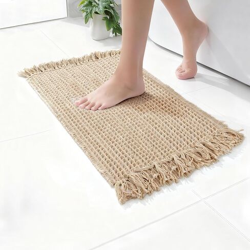 Waffle Bath Mat, Super Absorbent Waffle Bathroom Rug with Tassels, Non Slip Bath Mats for Bathroom Floor, Ultra Soft Boho Bath Mat, Quick Dry Shower Mat, Machine Washable, 18"×30", Khaki in Kuwait