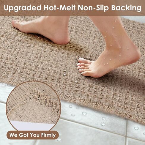 Waffle Bath Mat, Super Absorbent Waffle Bathroom Rug with Tassels, Non Slip Bath Mats for Bathroom Floor, Ultra Soft Boho Bath Mat, Quick Dry Shower Mat, Machine Washable, 18"×30", Khaki in Kuwait