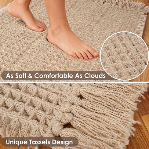 Waffle Bath Mat, Super Absorbent Waffle Bathroom Rug with Tassels, Non Slip Bath Mats for Bathroom Floor, Ultra Soft Boho Bath Mat, Quick Dry Shower Mat, Machine Washable, 18"×30", Khaki in Kuwait