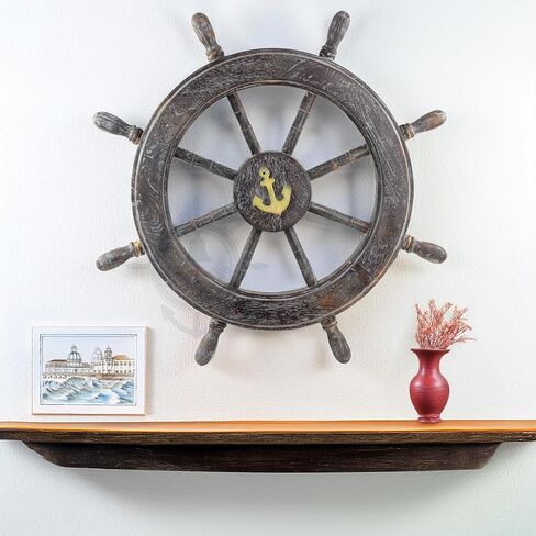 Nagina International Frosty Antique Junkyard Crafted Wooden Ship Wheel | Anchor Motiff | Pirate's Home Wall Decor (18 Inches) in Kuwait