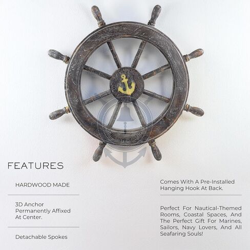 Nagina International Frosty Antique Junkyard Crafted Wooden Ship Wheel | Anchor Motiff | Pirate's Home Wall Decor (18 Inches) in Kuwait