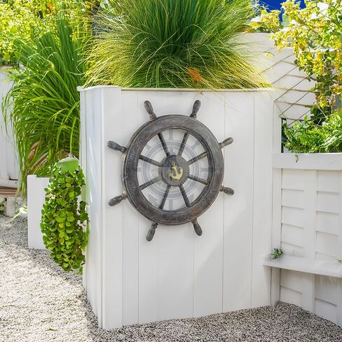 Nagina International Frosty Antique Junkyard Crafted Wooden Ship Wheel | Anchor Motiff | Pirate's Home Wall Decor (18 Inches) in Kuwait