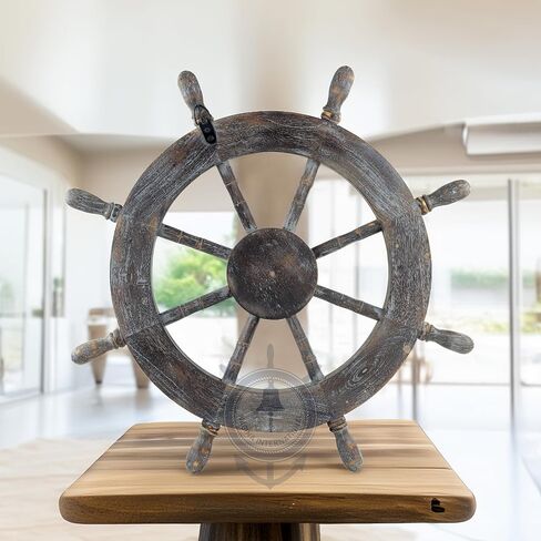 Nagina International Frosty Antique Junkyard Crafted Wooden Ship Wheel | Anchor Motiff | Pirate's Home Wall Decor (18 Inches) in Kuwait