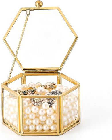 Small Glass Vintage Jewelry Box | Golden Hexagonal Lidded Display Organizer for Rings, Earrings, Bracelets, and Trinkets – Home Decorative Keepsake Box Case 3.1 x 2.5 x 1.7 Inch in Kuwait