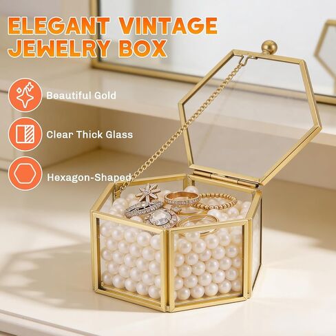 Small Glass Vintage Jewelry Box | Golden Hexagonal Lidded Display Organizer for Rings, Earrings, Bracelets, and Trinkets – Home Decorative Keepsake Box Case 3.1 x 2.5 x 1.7 Inch in Kuwait