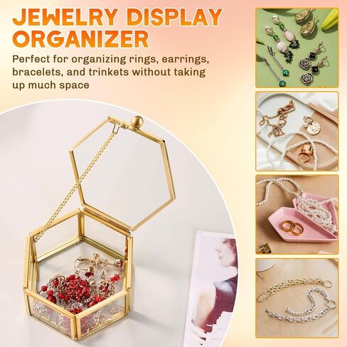 Small Glass Vintage Jewelry Box | Golden Hexagonal Lidded Display Organizer for Rings, Earrings, Bracelets, and Trinkets – Home Decorative Keepsake Box Case 3.1 x 2.5 x 1.7 Inch in Kuwait