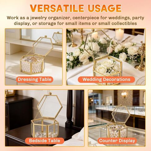 Small Glass Vintage Jewelry Box | Golden Hexagonal Lidded Display Organizer for Rings, Earrings, Bracelets, and Trinkets – Home Decorative Keepsake Box Case 3.1 x 2.5 x 1.7 Inch in Kuwait