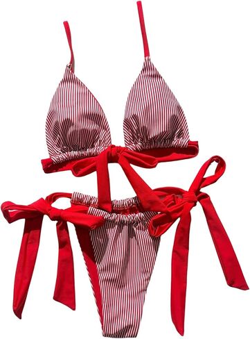 RoseSeek Women's 2 Piece Bikini Sets Striped Bowknot Side Swimsuits Halter Tie String Bathing Suits Vacation Outfits in Kuwait