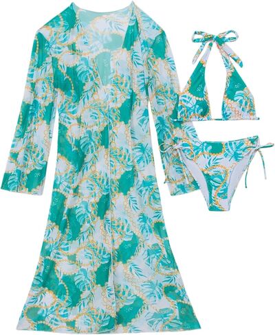 Yknktstc Women 3 Piece Tropical Halter Triangle Swimsuit Beach Bathing Suit | tropical print triangle padded bikini top, tie side thong bottom, long sleeve flowy sheer cover up, for pool beach vacation in Saudi Arabia