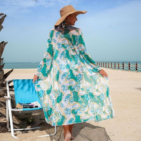 Yknktstc Women 3 Piece Tropical Halter Triangle Swimsuit Beach Bathing Suit | tropical print triangle padded bikini top, tie side thong bottom, long sleeve flowy sheer cover up, for pool beach vacation in Saudi Arabia