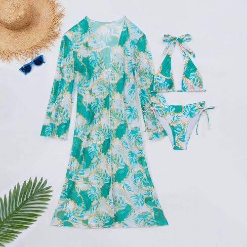 Yknktstc Women 3 Piece Tropical Halter Triangle Swimsuit Beach Bathing Suit | tropical print triangle padded bikini top, tie side thong bottom, long sleeve flowy sheer cover up, for pool beach vacation in Saudi Arabia