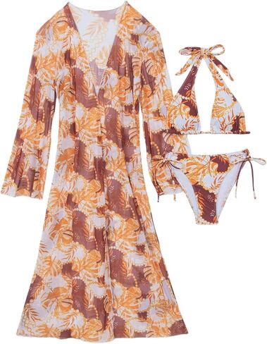 Yknktstc Women 3 Piece Tropical Halter Triangle Swimsuit Beach Bathing Suit | tropical print triangle padded bikini top, tie side thong bottom, long sleeve flowy sheer cover up, for pool beach vacation in Saudi Arabia