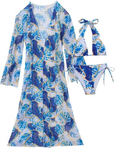 Yknktstc Women 3 Piece Tropical Halter Triangle Swimsuit Beach Bathing Suit | tropical print triangle padded bikini top, tie side thong bottom, long sleeve flowy sheer cover up, for pool beach vacation in Saudi Arabia