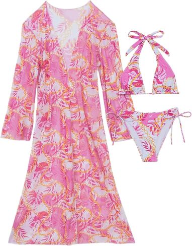 Yknktstc Women 3 Piece Tropical Halter Triangle Swimsuit Beach Bathing Suit | tropical print triangle padded bikini top, tie side thong bottom, long sleeve flowy sheer cover up, for pool beach vacation in Saudi Arabia