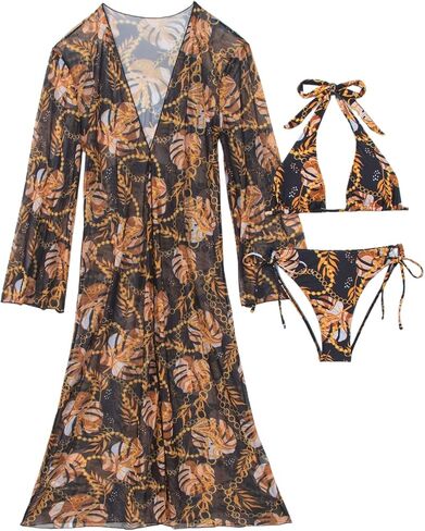 Yknktstc Women 3 Piece Tropical Halter Triangle Swimsuit Beach Bathing Suit | tropical print triangle padded bikini top, tie side thong bottom, long sleeve flowy sheer cover up, for pool beach vacation in Saudi Arabia