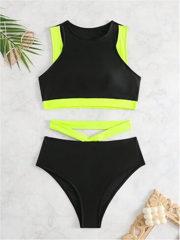 GORGLITTER Women's High Cut Waisted Tankini Swimsuits Neon Summer Sporty Modest Tummy Control Two Piece Bathing Suits in Kuwait