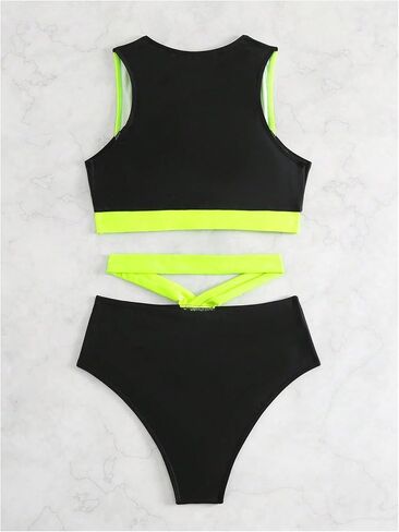 GORGLITTER Women's High Cut Waisted Tankini Swimsuits Neon Summer Sporty Modest Tummy Control Two Piece Bathing Suits in Kuwait