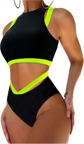 GORGLITTER Women's High Cut Waisted Tankini Swimsuits Neon Summer Sporty Modest Tummy Control Two Piece Bathing Suits in Kuwait