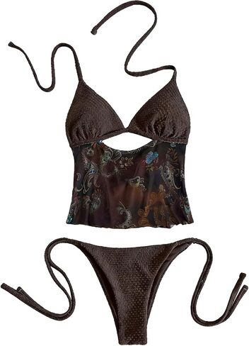 SHENHE Women's 2Pcs String Bikini Set Triangle Halter Patchwork Floral Print Lace Up Swimsuits in Kuwait
