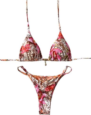 GORGLITTER Women's 2 Piece Swimsuit Floral Patchwork Halter Triangle Thong Bikini Sets Bead String High Cut Bathing Suit in Kuwait