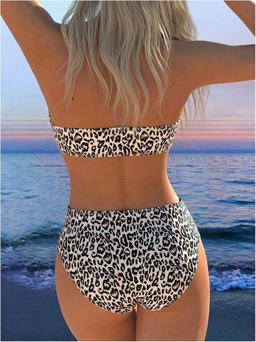 GORGLITTER Women's Leopard Swimsuits Strapless Bathing Suits 2 Piece High Waist Bandeau Tube Top Thong Bikini Swimwear in Kuwait