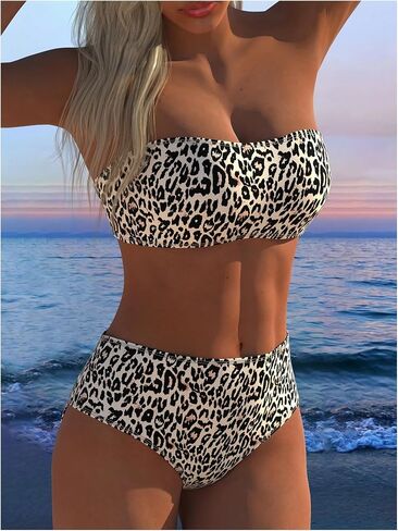 GORGLITTER Women's Leopard Swimsuits Strapless Bathing Suits 2 Piece High Waist Bandeau Tube Top Thong Bikini Swimwear in Kuwait