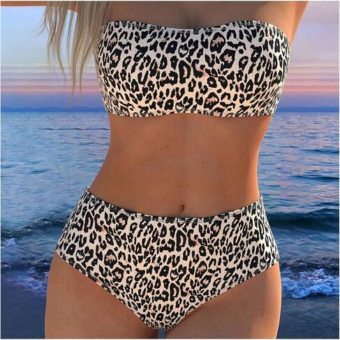 GORGLITTER Women's Leopard Swimsuits Strapless Bathing Suits 2 Piece High Waist Bandeau Tube Top Thong Bikini Swimwear in Kuwait