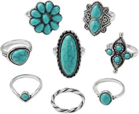 8 Pcs Western Rings for Women,Turquoise Jewelry Set Boho Chunky Knuckle Ring Bohemian Ring Set,Vintage Silver Tone Stackable Midi Rings,Retro Cowgirl Gifts Accessories for Women Festival Jewelry in Saudi Arabia