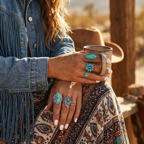 8 Pcs Western Rings for Women,Turquoise Jewelry Set Boho Chunky Knuckle Ring Bohemian Ring Set,Vintage Silver Tone Stackable Midi Rings,Retro Cowgirl Gifts Accessories for Women Festival Jewelry in Saudi Arabia