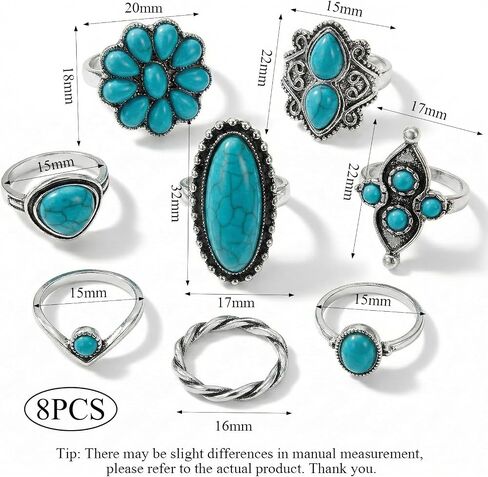 8 Pcs Western Rings for Women,Turquoise Jewelry Set Boho Chunky Knuckle Ring Bohemian Ring Set,Vintage Silver Tone Stackable Midi Rings,Retro Cowgirl Gifts Accessories for Women Festival Jewelry in Saudi Arabia
