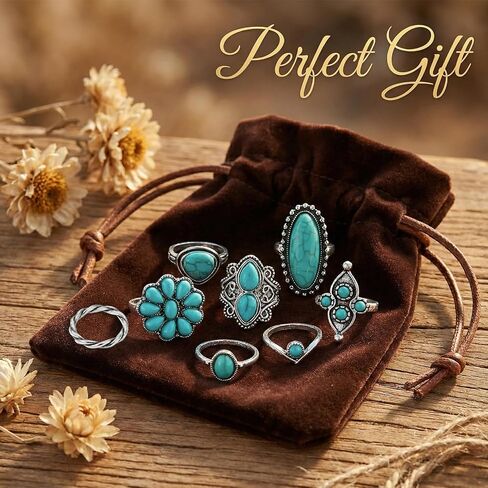 8 Pcs Western Rings for Women,Turquoise Jewelry Set Boho Chunky Knuckle Ring Bohemian Ring Set,Vintage Silver Tone Stackable Midi Rings,Retro Cowgirl Gifts Accessories for Women Festival Jewelry in Saudi Arabia