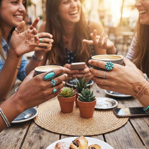 8 Pcs Western Rings for Women,Turquoise Jewelry Set Boho Chunky Knuckle Ring Bohemian Ring Set,Vintage Silver Tone Stackable Midi Rings,Retro Cowgirl Gifts Accessories for Women Festival Jewelry in Saudi Arabia