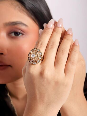 Namami Adjustable Cocktail Rings for Women | Gold Polished Pure Brass Rings with Cubic Zirconia | Statement Party Rings in Kuwait