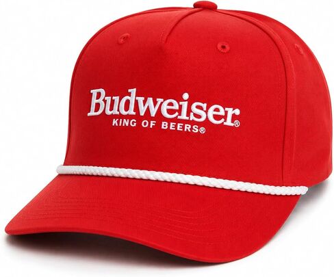 قبعة بدويايزر حبل للرجال، قبعة بيسبول King of Beers Snapback باللون الأحمر | قبعة بدويايزر مرخصة رسميًا مع شعار مطرز، وتفاصيل حبل، وتاج منظم وملاءمة قابلة للتعديل in Kuwait
