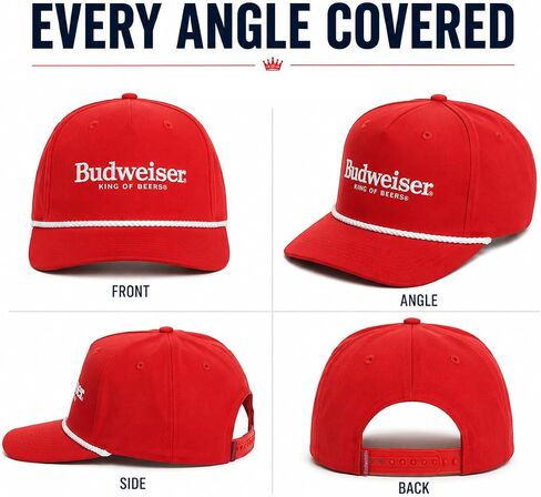 قبعة بدويايزر حبل للرجال، قبعة بيسبول King of Beers Snapback باللون الأحمر | قبعة بدويايزر مرخصة رسميًا مع شعار مطرز، وتفاصيل حبل، وتاج منظم وملاءمة قابلة للتعديل in Kuwait